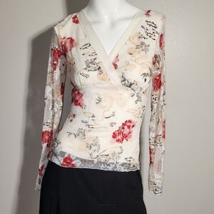 Wrapper Red and Cream Floral Wrap Blouse